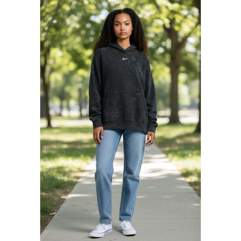 Nike Sportswear Women's Pullover Hoodie‎ LARGE Washed Black Center Swoosh